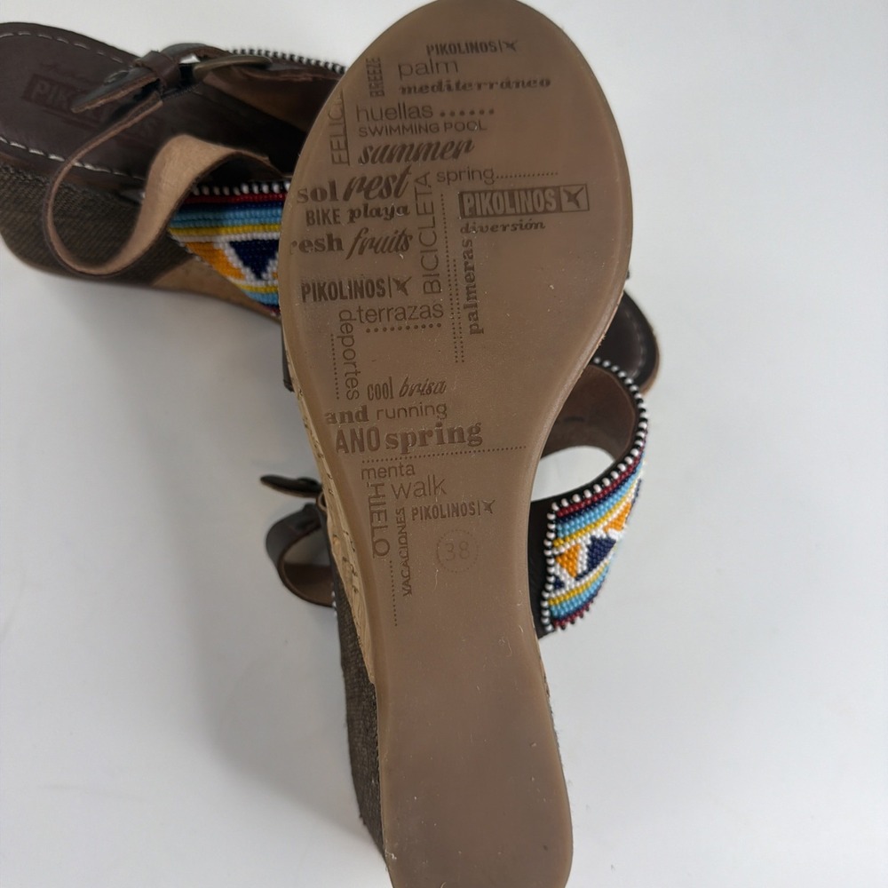 Pikolinos Womens 38 Brown Leather Beaded Wedge Sandals Boho Made in Spain - Picture 7 of 16